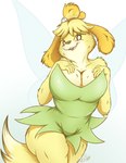 anthro big_breasts blush breasts cleavage clothed clothing female hand_on_breast shy slightly_chubby solo thick_thighs tight_clothing wings kyron-ladon animal_crossing disney nintendo peter_pan isabelle_(animal_crossing) tinker_bell_(disney) tinker_belle canid canine canis domestic_dog mammal shih_tzu toy_dog absurd_res crossover hi_res