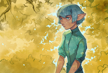 blue_bottomwear blue_clothing blue_eyes blue_hair blue_pants blue_topwear bottomwear clothed clothing female hair humanoid_pointy_ears leaf mouth_closed pants pointy_ears short_hair solo three-quarter_view topwear unsigned corzh77 humanoid half-length_portrait hi_res portrait
