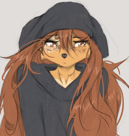anthro biped clothed clothed_anthro clothed_female clothing eyelashes facial_tuft female freckled_face freckles front_view fur hair hoodie long_eyelashes piercing simple_background solo speckle_freckles tattoo topwear tuft tinygaypirate apogee_(tinygaypirate) canid canine canis domestic_dog mammal 2026 digital_drawing_(artwork) digital_media_(artwork) hi_res