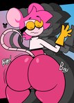 4_fingers anthro big_butt biped butt clothing exclamation_point eyebrows eyewear female fingers genitals glasses gloves hair handwear looking_back motion_lines mouth_closed pink_butt pink_hair pussy rear_view solo sound_effects standing tail text thick_thighs white_text wide_hips luanctoons muffin_(goommymuffin) mammal rodent 2025 absurd_res english_text hi_res