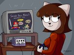 2000s_theme anthro breasts brown_hair controller crt electronics female game_controller gamecube_controller gaming hair holding_controller holding_object looking_aside looking_back medium_breasts melee_weapon nintendo_controller playing_video_game solo sword television weapon astralgloom a_kitty_bobo_show gamecube mario_bros nintendo star_fox super_smash_bros. fox_mccloud maggie_(kitty_bobo) mario domestic_cat felid feline felis mammal 2021