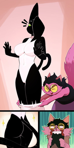 anthro assisted_exposure big_butt biped biting_clothing black_body black_fur black_hair blood bodily_fluids bottomwear bottomwear_down butt clothed clothing duo ear_over_eye emanata eyewear female female/female female_anthro fur glasses green_eyes hair leotard monotone_body monotone_fur nosebleed pants pants_down pantsing partially_clothed pink_body pink_fur round_glasses feliscede felix_(feliscede) void_(feliscede) domestic_cat felid feline felis mammal 2026 digital_media_(artwork) hi_res