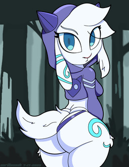 anthro big_butt blue_eyes breasts butt clothed clothing female female_anthro fluffy forest frown fur hoodie horn innocence magic plant solo thick_thighs thong topwear tree underwear white_body white_fur gorilladash league_of_legends riot_games tencent kindred_(lol) lamb_(lol) bovid caprine mammal sheep 2023 absurd_res colored dated digital_drawing_(artwork) digital_media_(artwork) hi_res