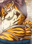 anthro belly bottomwear bulge clothed clothing jockstrap kemono male moobs navel nipples open_clothing open_shirt open_topwear overweight overweight_anthro overweight_male pants shirt solo topwear underwear undressing raichoclub felid mammal pantherine tiger 2019 hi_res