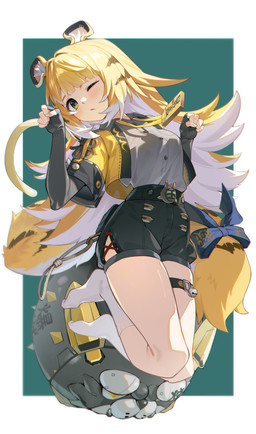 animal_ears belt bent_legs black_clothing blonde_hair clothed clothing female fluffy green_eyes hair jacket looking_at_viewer one_eye_closed open_clothing open_jacket open_topwear orange_hair solo striped_hair tail topwear white_hair azema mihoyo zenless_zone_zero ju_fufu animal_humanoid felid felid_humanoid humanoid mammal mammal_humanoid pantherine pantherine_humanoid thiren tiger_humanoid absurd_res hi_res