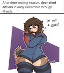 angry anthro blush bottomless brown_hair clothed clothing crossed_arms dialogue embarrassed femboy floppy_ears hair hoodie huge_hips huge_thighs legwear looking_away male skindentation solo speckles squish tail tail_tuft text thick_thighs thigh_highs thigh_squish topwear torn_clothing tuft wide_hips hetfli flin_(hetfli) deer mammal english_text hi_res