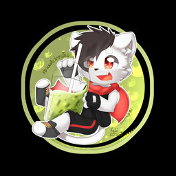anthro beverage black_bottomwear black_clothing black_hair black_nose black_pants black_topwear bottomwear cheek_tuft chibi clothed clothing facial_tuft fur glistening glistening_eyes hair happy inner_ear_fluff male micro open_mouth open_smile pants red_eyes red_scarf scarf short_hair simple_background smile solo topwear tuft white_body white_fur white_inner_ear_fluff kewkungzn 1:1 full-length_portrait hi_res portrait signature