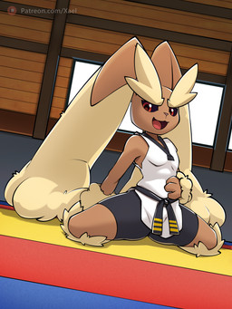 anthro black_sclera brown_body fluffy hand_on_belly looking_at_viewer male martial_arts_uniform red_eyes smile solo sportswear spreading tatami conditional_dnp xael_the_artist nintendo pokemon generation_4_pokemon lopunny pokemon_(species) 3:4 absurd_res hi_res