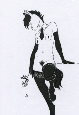 accessory anthro breasts clothing female flower footwear gloves handwear hooves necktie nude nude_anthro plant pubes simple_background small_breasts socks solo standing tail unguligrade adeptus-monitus black_and_white monochrome traditional_media_(artwork)