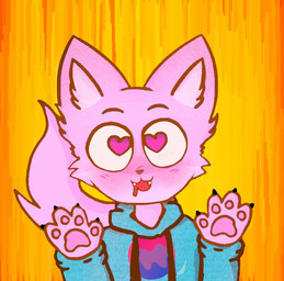 abstract_background ambiguous_gender anthro bisexual_pride_colors black_claws blue_clothing blush bodily_fluids claws clothing drooling fangs fur heart_eyes heart_symbol jacket lgbt_pride looking_at_viewer messy_fur ory_(ory) pawpads pink_body pink_fur pride_colors raised_arms saliva solo tail teeth toony topwear yellow_teeth ory domestic_cat felid feline felis mammal digital_media_(artwork)