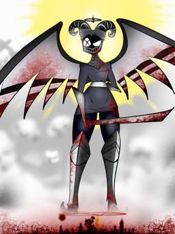 anthro armor blood bodily_fluids cloud female halo horn looking_at_viewer melee_weapon open_mouth open_smile smile solo sword weapon wings fogata hazbin_hotel hellaverse exorcist_(hazbin_hotel) lute_(hazbin_hotel) angel humanoid 3:4 hi_res