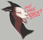 ambiguous_gender anthro compliment dialogue fangs lips looking_at_viewer pupils sharp_teeth simple_background slit_pupils solo teeth text thick_bottom_lip yellow_eyes lechebestia nice_cock_bro ambiguous_species mammal 2022 english_text reaction_image