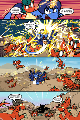 2_horns 4_panel_comic ambiguous_gender angry attack black_text blue_body blue_fur blue_wings cheek_tuft claws clenched_teeth dialogue electricity electricity_manipulation elemental_manipulation ellipsis exclamation_point eyebrows eyelashes eyes_closed facial_tuft fangs feathered_wings feathers feral finger_claws forked_tongue fur green_eyes group hair half-closed_eyes horn looking_at_another motion_lines narrowed_eyes net one_eye_closed open_mouth open_smile orange_body outside page_number question_mark red_eyes scales sharp_teeth sky smile sound_effects speech_bubble tail talking_to_another teeth text toe_claws tongue toony translucent translucent_hair tuft white_sclera wings yellow_sclera virmir mythology renbrand saida couatl dragon feathered_scalie feathered_snake kobold mythological_creature mythological_scalie reptile scalie snake 2026 2:3 absurd_res comic english_text hi_res signature female_(lore) male_(lore)