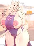 anthro apron apron_only areola big_areola big_breasts blush breasts clothing curvy_figure cutlery dessert dialogue exposed_breasts eyebrows female floppy_ears fluffy_ears food fur holding_plate holding_spoon horn huge_breasts ineffective_clothing kitchen_utensils looking_aside lop_ears mature_female nipples pastry pie red_eyes slightly_chubby small_head smile solo spoon talking_to_another text thick_eyebrows thick_thighs tight_clothing tools voluptuous white_body white_fur wide_hipped_female wide_hips saasmimz undertale undertale_(series) toriel boss_monster_(undertale) bovid caprine mammal absurd_res digital_media_(artwork) english_text hi_res