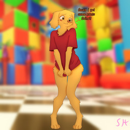 anthro blush blush_stickers bottomless bottomless_male clothed clothing embarrassed fur male red_clothing red_shirt red_t-shirt red_topwear shirt solo t-shirt text topwear yellow_body yellow_eyes sukiarts glitch_productions the_amazing_digital_circus scratch_(tadc) canid canine mammal 1:1 english_text hi_res