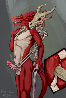 abdominal_bulge anal anal_penetration anthro anus backsack balls bone bone_penis duo erection from_behind_position genitals hand_on_penis handjob handjob_while_penetrating horn looking_back male male/male male_penetrated nude open_mouth penetration penile penis sex simple_background skeleton skull skull_head standing standing_sex tail teeth rote_haare bethesda_game_studios european_mythology microsoft mythology skyrim the_elder_scrolls odahviing animated_skeleton dragon mythological_creature mythological_scalie scalie undead western_dragon wyvern digital_media_(artwork) hi_res