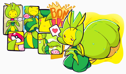 abdomen_vore ambiguous_gender antennae_(anatomy) anthro bodily_fluids drooling ellipsis green_body heart_symbol object_vore onomatopoeia pokeball pokeball_activation_inside pokeball_in_mouth pokeball_vore saliva simple_background solo sound_effects standard_pokeball swallowing sweat text tongue tongue_out unusual_vore vore white_background conduitcore nintendo pokemon arthropod generation_5_pokemon leavanny pokemon_(species) 2025 absurd_res colored comic hi_res shaded simple_shading