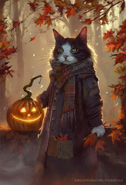ambiguous_gender anthro autumn black_body black_fur clothing food forest fruit fur green_eyes jacket leaf looking_at_viewer plant pumpkin scarf smile solo text topwear tree whiskers white_body white_fur valkiri domestic_cat felid feline felis mammal digital_media_(artwork) url