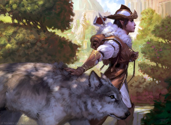 ambiguous_gender axe belt brown_clothing clothing duo female feral fur gloves grey_body grey_fur handwear hat headgear headwear humanoid_pointy_ears outside plant pointy_ears ravnica side_view tree tyler_jacobson hasbro magic:_the_gathering wizards_of_the_coast selvala_(magic:_the_gathering) canid canine canis humanoid mammal wolf official_art