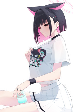 accessory bare_legs black_bracelet black_choker black_hair black_jewelry black_necklace bodily_fluids bottomwear bracelet cat_print choker clothing clothing_pull female female_humanoid hair hair_accessory half-closed_eyes halo jewelry multi_ear multicolored_hair narrowed_eyes necklace plastic_bottle red_eyes resting ring shirt shirt_pull short_hair simple_background sitting skirt solo sweat topwear topwear_pull two_tone_hair white_background white_bottomwear white_clothing white_shirt white_skirt white_topwear exiadoon blue_archive nexon kazusa_kyoyama animal_humanoid cat_humanoid felid felid_humanoid feline feline_humanoid humanoid mammal mammal_humanoid absurd_res hi_res