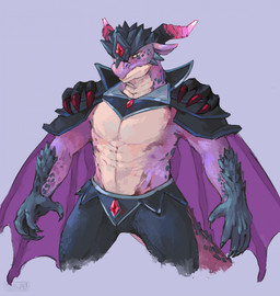 anthro armor black_body black_bottomwear black_clothing black_pants black_scales blue_eyes bottomwear cape claws clothing gem headgear helmet horn looking_forward male membrane_(anatomy) membranous_wings pants purple_background purple_body purple_clothing purple_scales red_claws red_gem scales shirtless simple_background solo spaulder standing tail tan_body tan_scales wings babanasaur mythology maduin_(raidagu) dragon mythological_creature mythological_scalie scalie 2020 digital_media_(artwork) hi_res signature