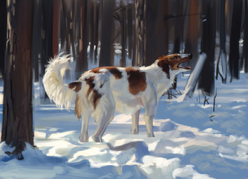 ambiguous_gender black_nose brown_markings day feral forest fur markings open_mouth outside plant snow solo standing tail tree white_body white_fur kysokofwater borzoi canid canine canis domestic_dog hunting_dog mammal sighthound 2025 colored digital_media_(artwork) hi_res shaded