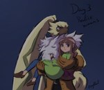 anthro bridal_carry brown_hair carrying_another curled_tail duo female fluffy_chest fur hair long_ears long_hair male orange_eyes ponytail_ears tail yellow_body yellow_fur gekkart bandai_namco digimon digimon_ghost_game ruri_tsukiyono digimon_(species) human lagomorph leporid mammal rabbit symbareangoramon hi_res