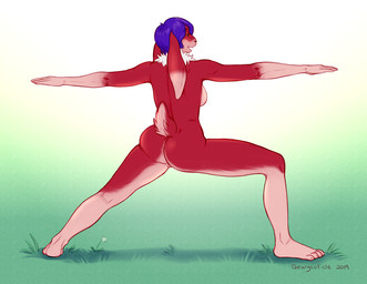 anthro barely_visible_genitalia barely_visible_vulva breasts butt female fur genitals green_eyes naked_yoga nude side_boob solo tuft vulva yoga chewycuticle rhapsody_(lolodepuzlo) hare lagomorph leporid mammal rabbit digital_media_(artwork) shaded