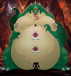 anthro areola big_breasts breasts claws extreme_size_difference female horn larger_anthro nipples nude overweight red_eyes size_difference smaller_human tongue unusual_anatomy osada metroid nintendo kraid samus_aran alien human mammal space_dragon_(metroid) absurd_res hi_res