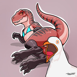 3_fingers 3_toes bikini bikini_top butt censored_genitalia claws clothed clothed_feral clothing convenient_censorship duo feet female feral fingers mouth_closed raised_tail red_body simple_background smile solo suggestive_pose swimwear tail thick_thighs toe_claws toes two-piece_swimsuit wide_hips dog_in_hat doginhat avian bird dinosaur gull lari larid prehistoric_species reptile scalie theropod 1:1 censored digital_media_(artwork) hi_res