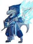 armor blue_fire clothing colored_fire dungeons_and_dragons eyewear fire grey_body grey_scales hasbro hi_res hood kobold lizard male melee_weapon pathfinder polearm reptile scales scalie solo spear sunglasses vono weapon wizards_of_the_coast