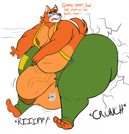 anthro auguste_clown balls belly big_balls big_butt big_penis butt butt_crush clothing cracked_wall cracks genitals huge_balls huge_butt huge_penis hyper hyper_butt male overweight overweight_anthro overweight_male penis solo tail thick_thighs torn_clothing vein veiny_penis vore vore_tattoo hictow five_nights_at_freddy's scottgames circus_foxy canid canine fox mammal alternate_version_at_source hi_res