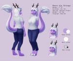 anthro blush breasts butt cleavage clothed clothing female hair happy horn non-mammal_breasts open_mouth purple_body purple_skin simple_background smile solo tail tail_tuft text tongue tongue_out tuft whiskers white_body white_eyes white_hair white_skin mikapoofs asian_mythology east_asian_mythology mythology heart_a._chicago dragon eastern_dragon mythological_creature mythological_scalie scalie 2016 absurd_res english_text hi_res model_sheet