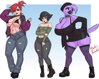 accessory aged_up alternative_fashion anthro beak beanie belt bikini bikini_top biped black_beanie black_clothing black_hat black_headwear black_lipstick boots bottomwear bra_strap breasts choker cleavage clothed clothing collar denim denim_bottomwear denim_clothing dress ear_piercing ear_ring ear_stud facial_piercing feathers female footwear goth gradient_background group hair hair_accessory hairclip hat headgear headwear hoodie jeans jewelry leaning leaning_forward legwear light_body light_skin lipstick makeup midriff navel necklace nose_piercing open_clothing open_hoodie open_topwear pants piercing purple_body red_hair ring_piercing shoes shoulderless_shirt shy simple_background squish strapless_clothing strapless_dress studded_collar studs swimwear tail tail_feathers thick_thighs thigh_highs thigh_squish topwear torn_bottomwear torn_clothing torn_jeans torn_pants trio two-piece_swimsuit borderreloaded beat_banger bunfan_games cartoon_network foster's_home_for_imaginary_friends powerpuff_girls buttercup_(powerpuff_girls) frankie_foster zoe_monroe avian bird human mammal 5:4 english_description hi_res signature