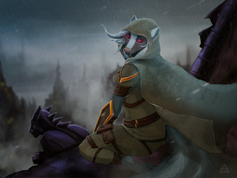 anthro black_sclera cloak clothing hair raining red_eyes solo white_hair vivienwhite_(artist) eve_hawthorne mammal mephitid skunk vampire