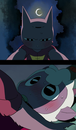 2_panel_comic 3_eyes anthro black_eyes blush bodily_fluids clothed clothing dark_body dark_fur duo eye_contact fur grass imminent_kiss looking_at_another male male/male moon multi_eye multicolored_body multicolored_fur night plant sweat tree white_body white_fur tugarabe cult_of_the_lamb massive_monster_(studio) lamb_(cult_of_the_lamb) narinder red_crown_(cult_of_the_lamb) bovid caprine domestic_cat felid feline felis mammal sheep 2025 comic hi_res