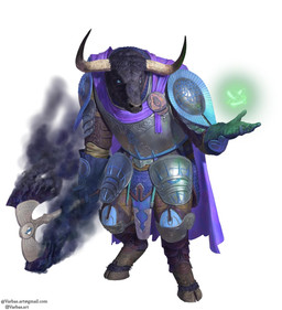 anthro armor axe black_body black_fur blue_eyes cape clothing fantasy fur gauntlets gloves handwear hooves horn magic magic_user magic_weapon male muscular muscular_male purple_cape purple_clothing solo text weapon varbas dungeons_and_dragons european_mythology greek_mythology hasbro mythology wizards_of_the_coast korhan bovid bovine cattle mammal minotaur hi_res url