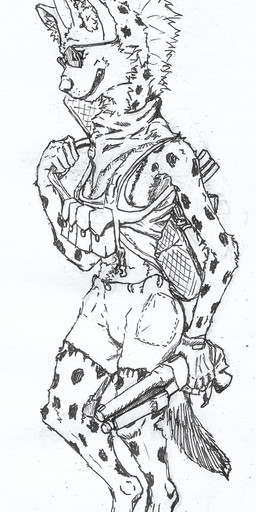 anthro backpack bottomwear bulletproof_vest clothing crop_top digitigrade dipstick_tail eyewear female gun kerchief looking_at_viewer markings mohawk ranged_weapon scarf shemagh shirt shorts shotgun side_view spots spotted_markings sunglasses tail tail_markings topwear weapon devarg kriss_(devarg) hyena mammal spotted_hyena absurd_res black_and_white hi_res monochrome traditional_media_(artwork)