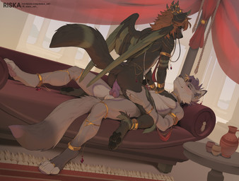 4_horns 4_toes 5_fingers 6_eyes anal anal_penetration ancient animal_genitalia animal_penis anklet anthro anthro_on_anthro anthro_on_bottom anthro_on_top anthro_penetrated anthro_penetrating anthro_penetrating_anthro anus athletic athletic_anthro athletic_male balls bedroom_eyes bent_legs biped black_body black_claws black_fur black_knot black_nose black_pawpads black_sclera black_wings blonde_hair blue_eyes blush bodily_fluids bracelet butt carpet cheek_tuft claws collar column countershade_face countershade_tail countershade_torso countershading cowgirl_position curtains day detailed_background digit_ring duo dutch_angle ear_piercing ear_ring erection eyebrow_piercing eyebrow_ring eyebrows facial_piercing facial_tuft feet femboy finger_claws fingers fluffy fluffy_tail from_front_position fu_manchu fur furniture genital_fluids genitals glistening glistening_jewelry gold_(metal) gold_collar gold_jewelry green_body green_fur green_wings grey_body grey_fur hair half-closed_eyes hand_on_chest hand_on_leg hand_on_thigh harem_jewelry horn horn_jewelry inner_ear_fluff inside interspecies jewelry jewelry_only knot knot_in_ass long_hair looking_at_another looking_pleasured lying male male/male male_anthro male_penetrated male_penetrating male_penetrating_male metal_collar multi_eye multi_horn multicolored_body multicolored_fur multicolored_hair narrowed_eyes nose_piercing nose_ring nude nude_anthro nude_male on_back on_bottom on_sofa on_top open_mouth open_smile orange_hair pawpads paws penetration penile penile_penetration penis penis_in_ass piercing pink_anus pink_pawpads pottery purple_body purple_fur purple_hair purple_inner_ear_fluff purple_knot raised_tail ring ring_piercing seductive sex short_hair side_view smile smiling_at_another smiling_at_partner sofa sofa_sex spread_legs spreading stripes tail teeth text toe_ring toes tuft two_tone_body two_tone_fur two_tone_hair two_tone_wings vein veiny_penis white_balls white_body white_eyes white_fur wings conditional_dnp riska_(artist) mythology damien_woof canid canine canis dragon mammal mythological_creature mythological_scalie scalie wolf 2026 colored digital_media_(artwork) english_text full-length_portrait hi_res portrait shaded url