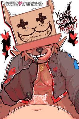aloha_shirt anthro bodily_fluids box cardboard cardboard_box claws clothed clothing container covered_eyes cum dominant dominant_female duo female genital_fluids genitals gesture gold_(metal) gold_jewelry gold_necklace hand_gesture heart_symbol jacket jewelry licking licking_lips male male/female necklace nipples partially_clothed pattern_clothing pattern_shirt pattern_topwear penetration penile penile_penetration peppersteak pointing pointing_at_viewer sharp_teeth shirt simple_background teeth tongue tongue_out topwear vulva white_background conditional_dnp litbyluminol humanoid hyena mammal 2:3 hi_res