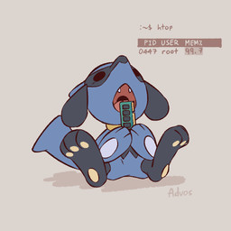 3_fingers 3_toes ambiguous_gender anthro biped black_eyes blue_body blue_fur blue_tail cute_fangs fangs feet fingers front_view fur holding_object nude nude_ambiguous nude_anthro open_mouth pawpads paws random_access_memory simple_background sitting solo tail teeth text toes tongue advos nintendo pokemon generation_4_pokemon pokemon_(species) riolu 1:1 2026 digital_drawing_(artwork) digital_media_(artwork) english_text