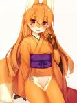 anthro asian_clothing bell border chest_tuft clothed clothing dipstick_tail east_asian_clothing feet female fingers front_view fundoshi fur gloves_(marking) hair japanese_clothing kemono kimono long_hair markings multicolored_clothing multicolored_kimono open_mouth orange_body orange_clothing orange_fur orange_hair orange_kimono orange_tail panties purple_clothing purple_kimono red_eyes simple_background slim slim_anthro slim_female smile solo tail tail_markings text toes tuft two_tone_clothing two_tone_kimono two_tone_tail underwear white_background white_tail young kida_kuro_mu koko_(kishibe) canid canine fox mammal 2019 3:4 hi_res japanese_text portrait three-quarter_portrait