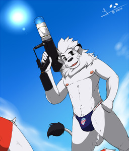 anthro athletic athletic_anthro athletic_male bulge clothed clothing hand_on_hip looking_at_viewer low-angle_view male mascot navel nipples open_mouth outside parasol pecs pose sky skyscape smile solo speedo sun swimwear t-shirt_gun topless whiskers koruro nippon_professional_baseball saitama_seibu_lions leo_(saitama_seibu_lions) felid lion mammal pantherine pinup signature