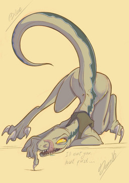 anthro anthrofied ass_up bottomless claws clothed clothing female fingers long_tail sharp_teeth sickle_claw simple_background solo tail teeth text toe_claws tongue tongue_out topwear topwear_only vest vest_only wide_hips s4vin jurassic_park jurassic_world universal_studios blue_(jurassic_world) dinosaur dromaeosaurid prehistoric_species reptile saurischian scalie theropod velociraptor 2025 digital_media_(artwork) english_text hi_res signature
