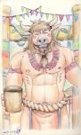 anthro beard braided_hair brown_hair clothed clothing facial_hair hair happy horn male navel nipples smile solo topless baroque_(artist) blizzard_entertainment warcraft bovid bovine mammal tauren