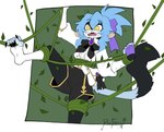 anthro blue_body blue_hair clothed clothing fully_clothed hair leaf long_tail male panicking plant purple_ribbon solo stuck tail vines yellow_eyes sinfrou nebula_stellas haplorhine humanoid mammal monkey primate absurd_res hi_res