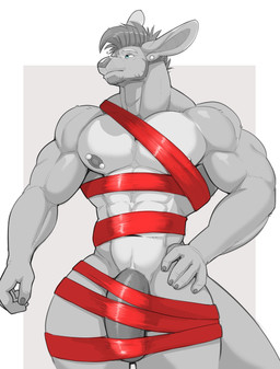 abs anthro beard big_penis black_claws blue_eyes claws ear_piercing facial_hair genitals male muscular nipple_piercing nipples penis piercing red_ribbon simple_background solo white_background wrapped vexedlupine seff_(dissimulated) kangaroo macropod mammal marsupial 2024 absurd_res hi_res monochrome