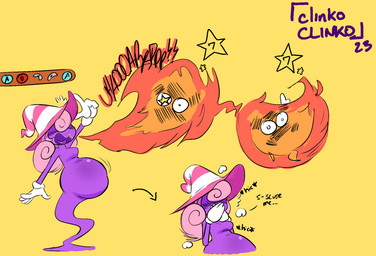 accident apology belly big_belly bloated blush breasts breath_powers burping burping_fire burping_up_object clothing covering covering_mouth dialogue digestion elemental_manipulation embarrassed female fire fire_breathing fire_manipulation gameplay_mechanics gesture gloves hair hair_over_eyes hand_gesture handwear hat headgear headwear hiccuping legless mostly_nude obscured_eyes open_mouth pink_hair potbelly purple_body simple_background solo split_form text tongue white_clothing white_gloves white_handwear yellow_background clinkoclinko gamecube mario_bros nintendo paper_mario vivian_(mario) ghost humanoid shadow_siren spirit 2023 digital_media_(artwork) english_text signature trans_(lore) trans_woman_(lore)