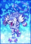 action_pose ambiguous_gender black_nose claws detailed_background fangs fur pawpads paws pose purple_body purple_claws purple_fur solo stripes tail teeth yellow_eyes fizzy-dog bandai_namco digimon canid canine digimon_(species) garurumon mammal absurd_res digital_media_(artwork) hi_res signature