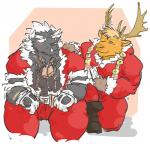 anthro antlers clothed clothing duo fur hair horn male mane mane_hair muscular muscular_male orange_body orange_fur caffeinecanine lifewonders tokyo_afterschool_summoners krampus_(tas) yule_(tas) deer felid lion mammal new_world_deer pantherine reindeer